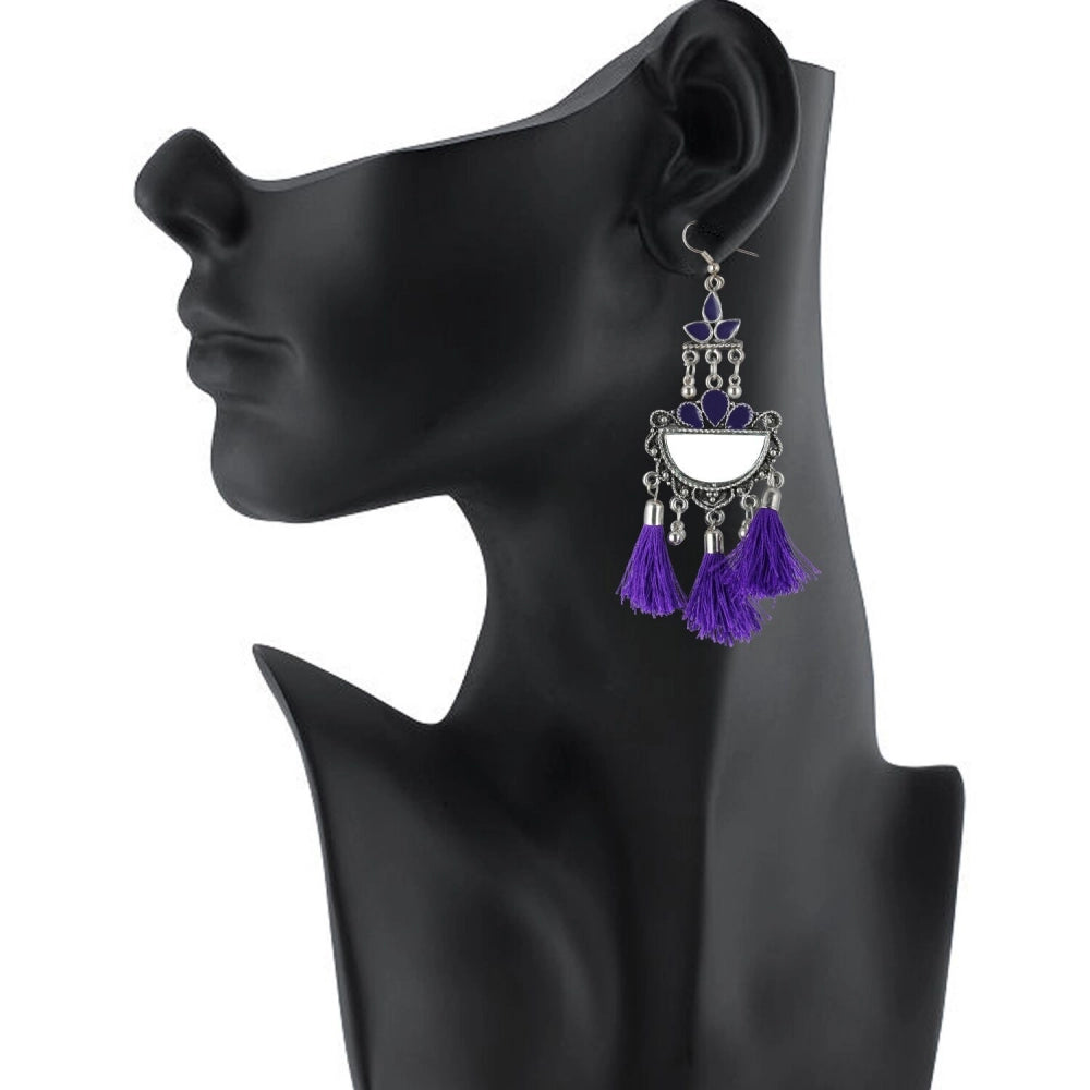 Women's Silver Plated Afgani Tassel Earrings-Purple