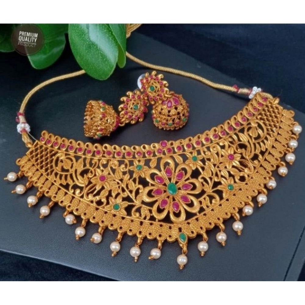 Women's Elegent Temple Chokwer Set With Earrings (Red And Green, Free Size)