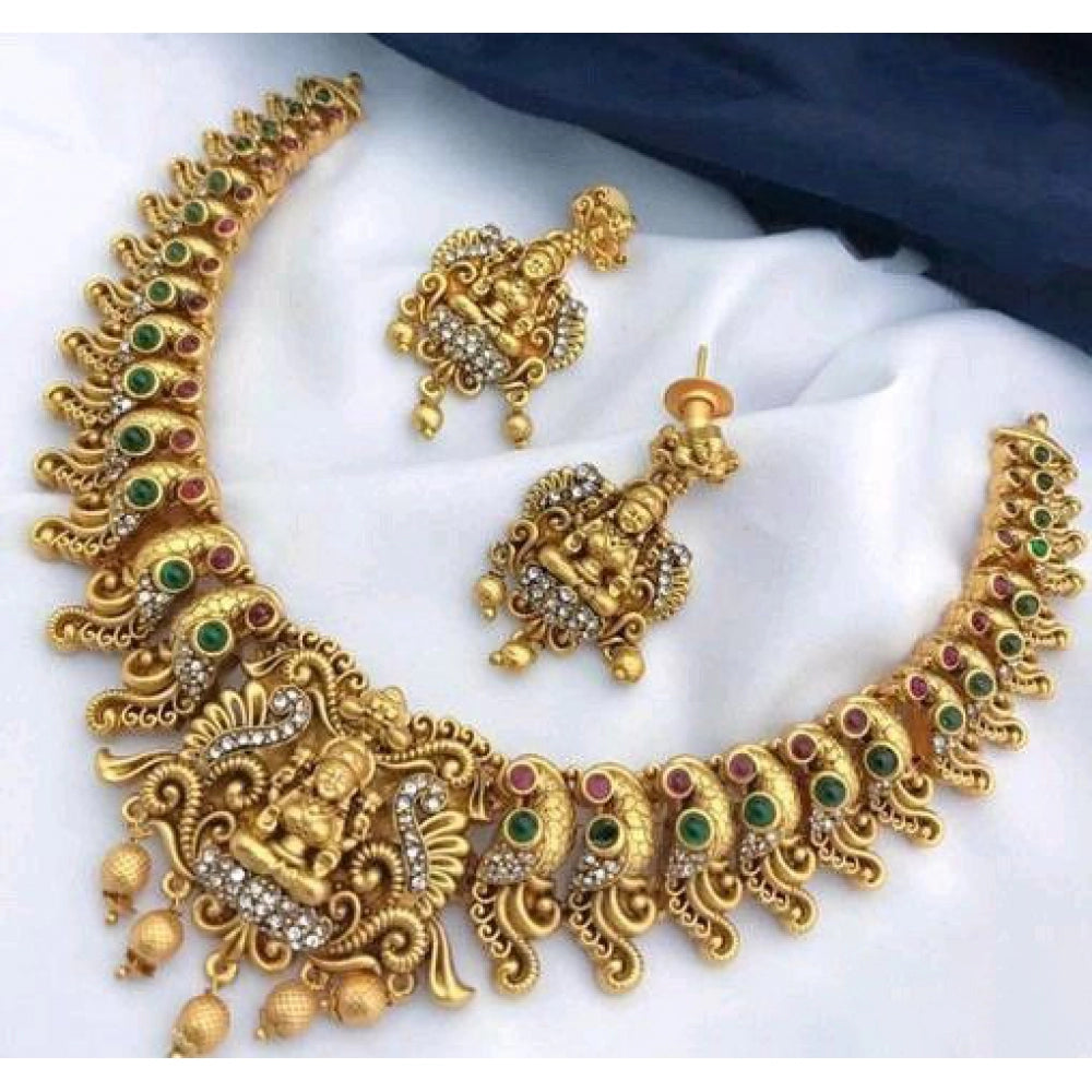 Women's Gold Plated Traditional Necklace and Earrings Set (Multi Color, Free Size)