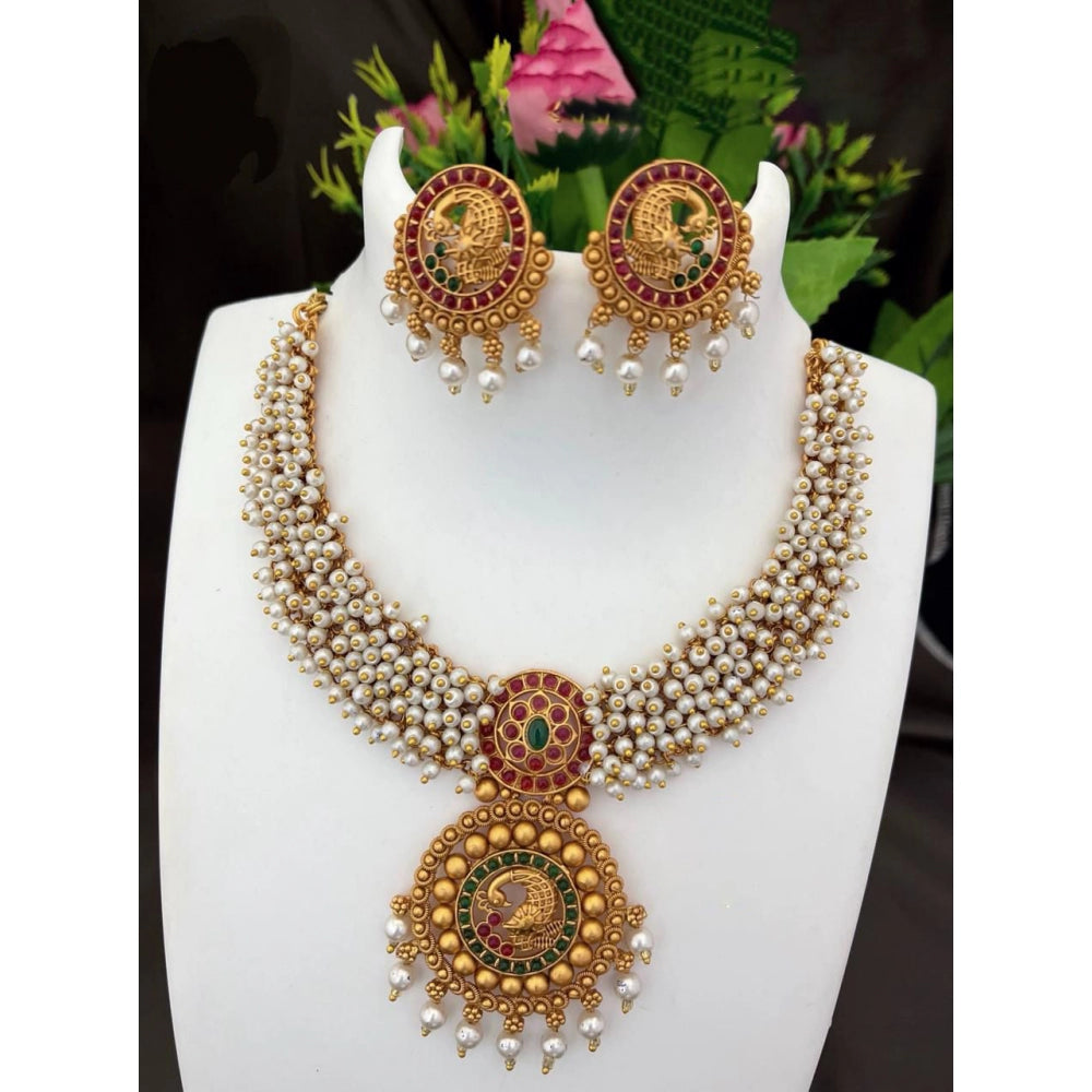 Women's Gold Plated Temple Necklace and Earrings Set (White, Free Size)