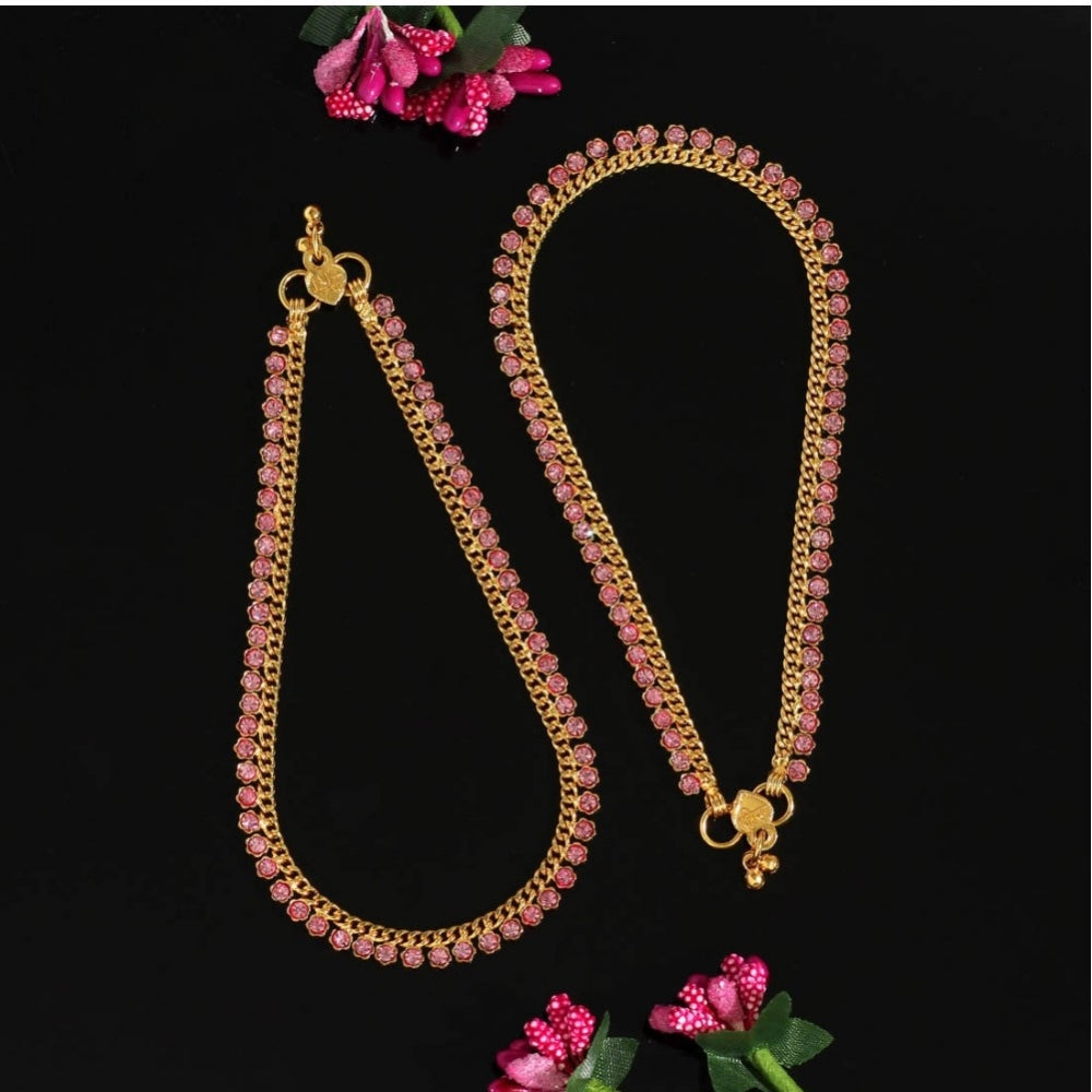 Women's Pink Color Rhinestone Anklets (Free Size: Upto 10")