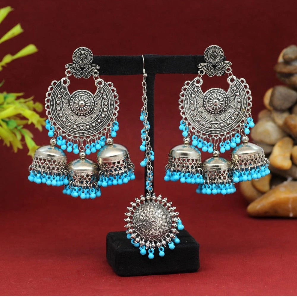 Women's Firozi Color Oxidised Earrings Tikka Set