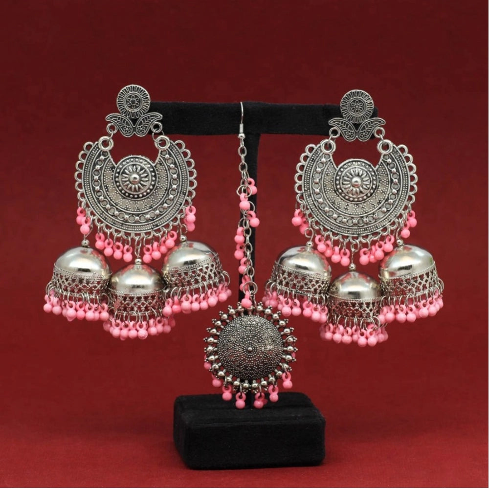 Women's Baby Pink Color Oxidised Earrings Tikka Set