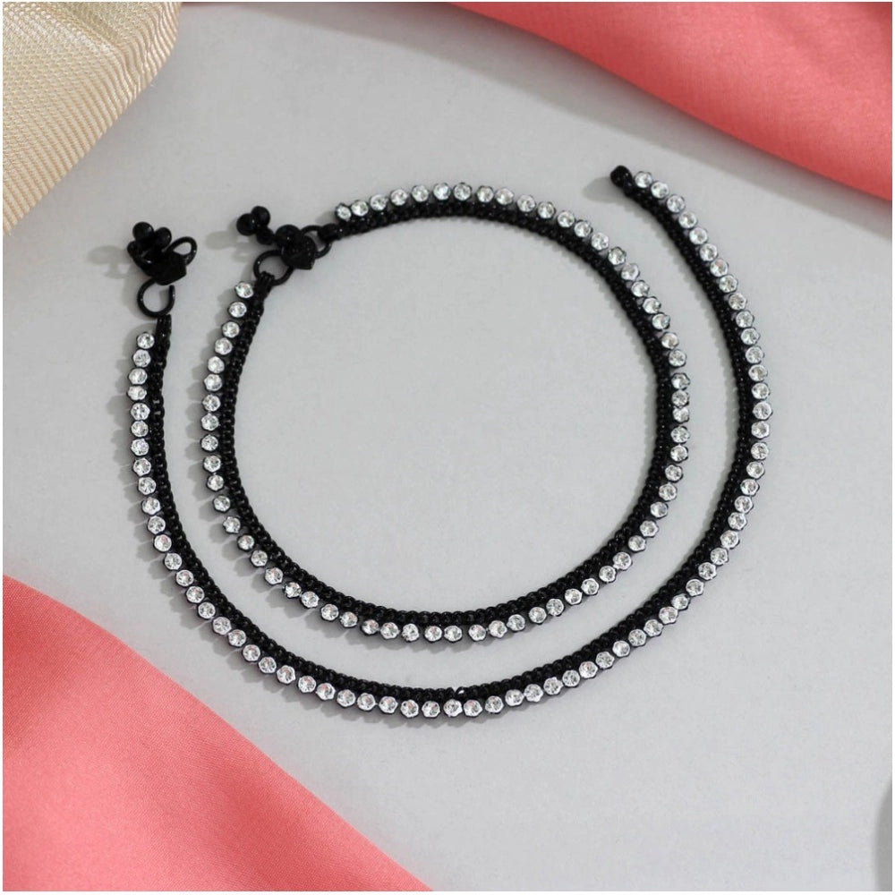 Women's Black Color Rhinestone Anklets (Free Size: Upto 10")