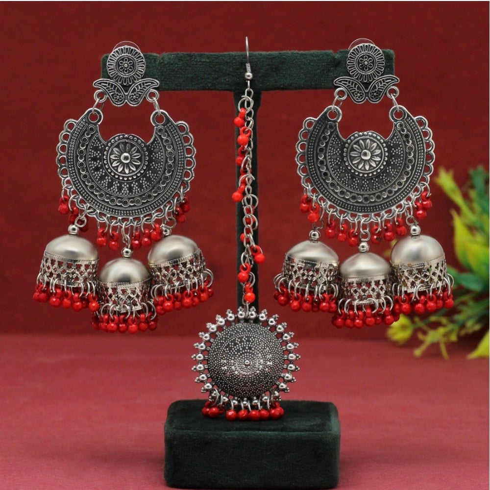 Women's Red Color Oxidised Earrings Tikka Set
