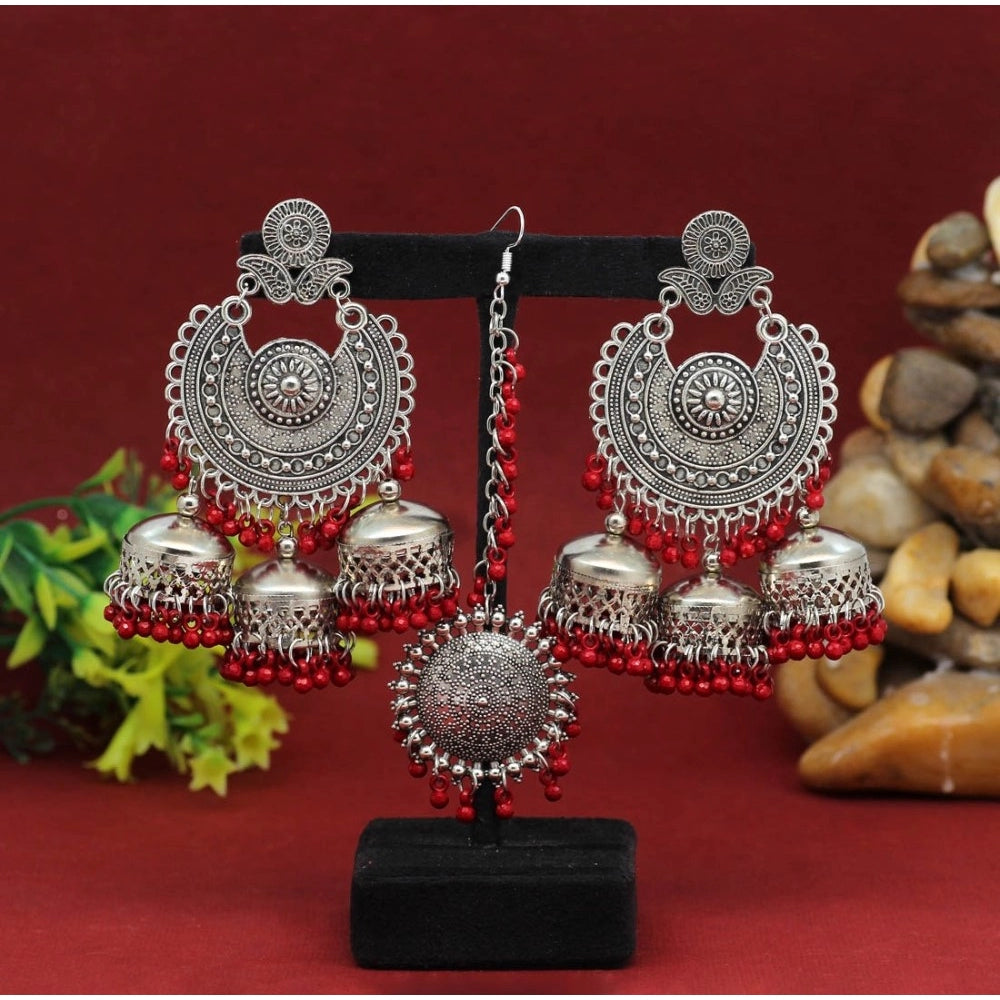 Women's Maroon Color Oxidised Earrings Tikka Set