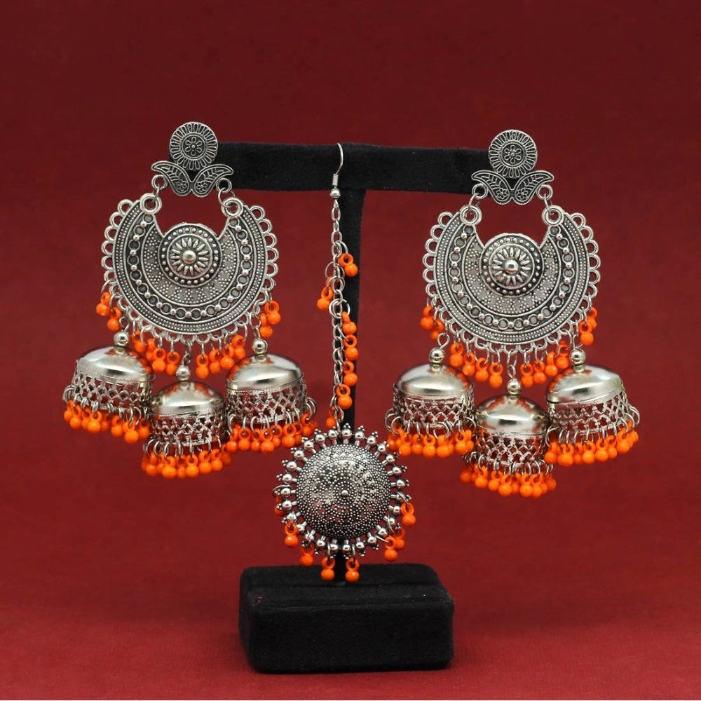 Women's Orange Color Oxidised Earrings Tikka Set