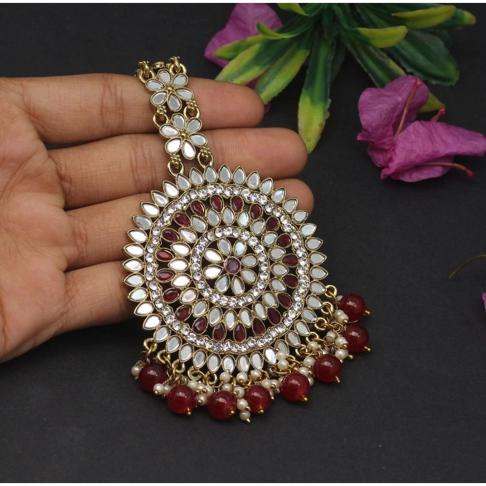 Women's Maroon Color Mirror Work Maang Tikka