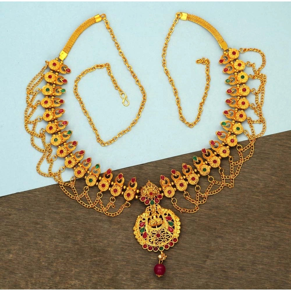 Women's Maroon & Green Color Glass Stone Kamarband Adjustable Chain