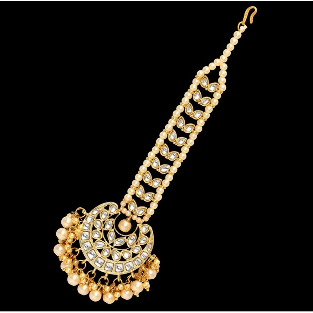 Women's Gold Color Imitation Pearl & Kundan Maang Tikka