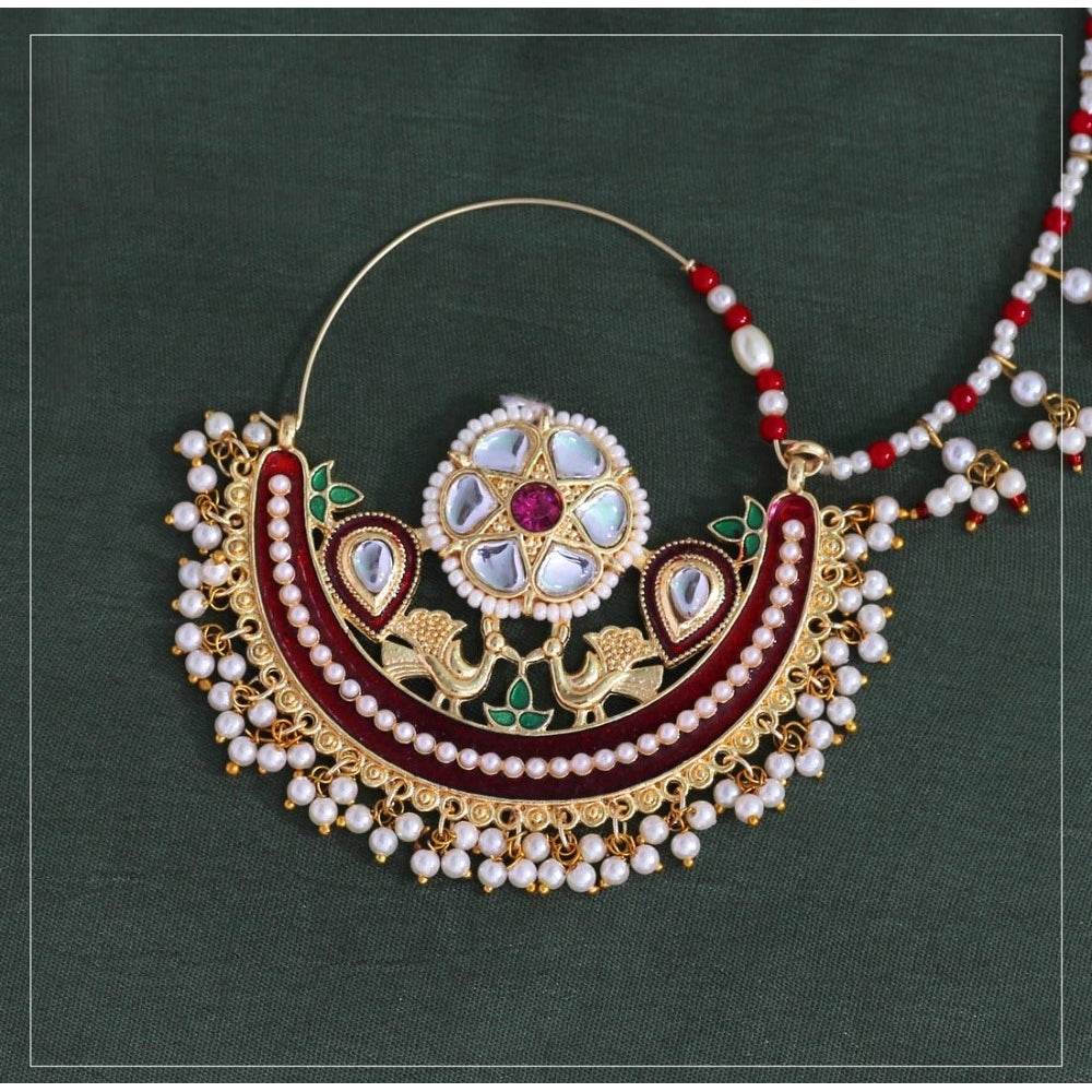 Women's Maroon Color Kundan & Beads Nose Nath