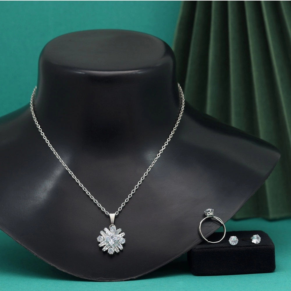 Women's Silver Color Stone Locket Pendant Set Adjustable Ring
