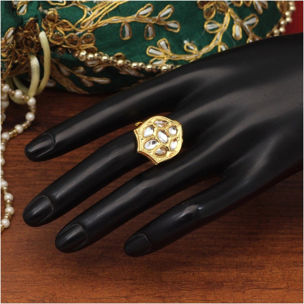 Women's White Color Kundan Ring For Women Adjustable Ring