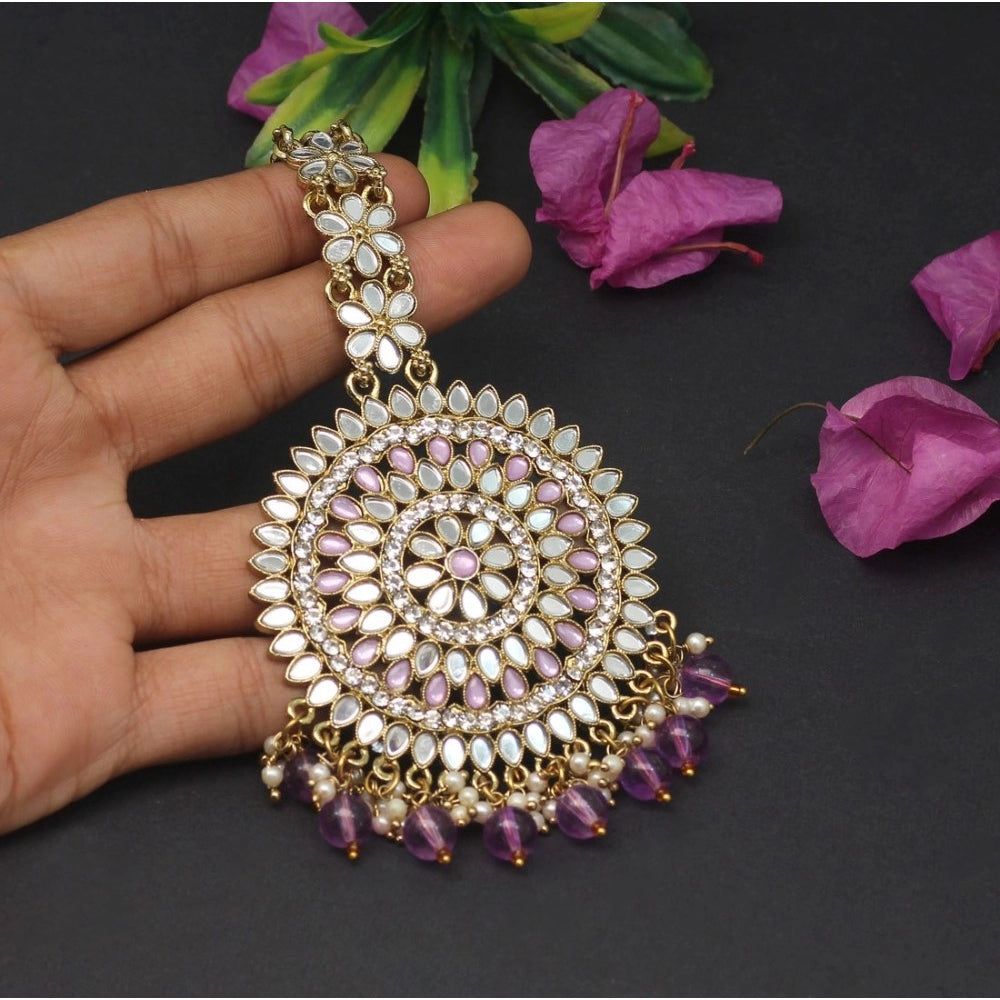 Women's Purple Color Mirror Work Maang Tikka
