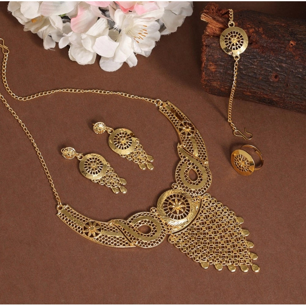 Women's Gold Color Gold Plated Necklace Set Adjustable Ring