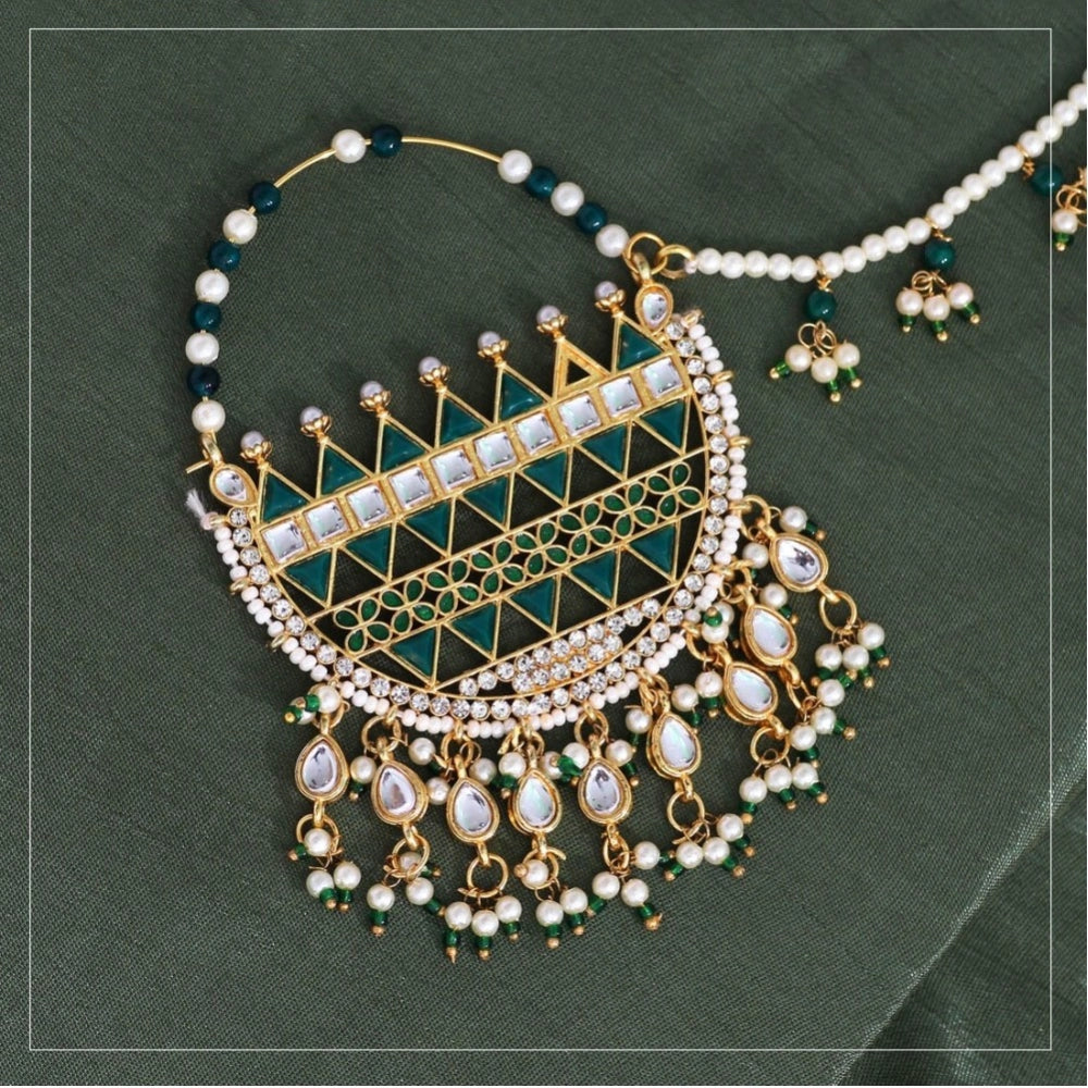 Women's Green Color Kundan & Beads Nose Nath