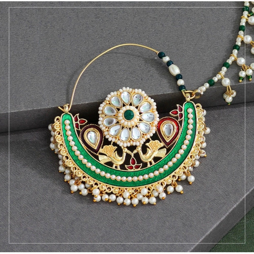 Women's Green Color Kundan & Beads Nose Nath