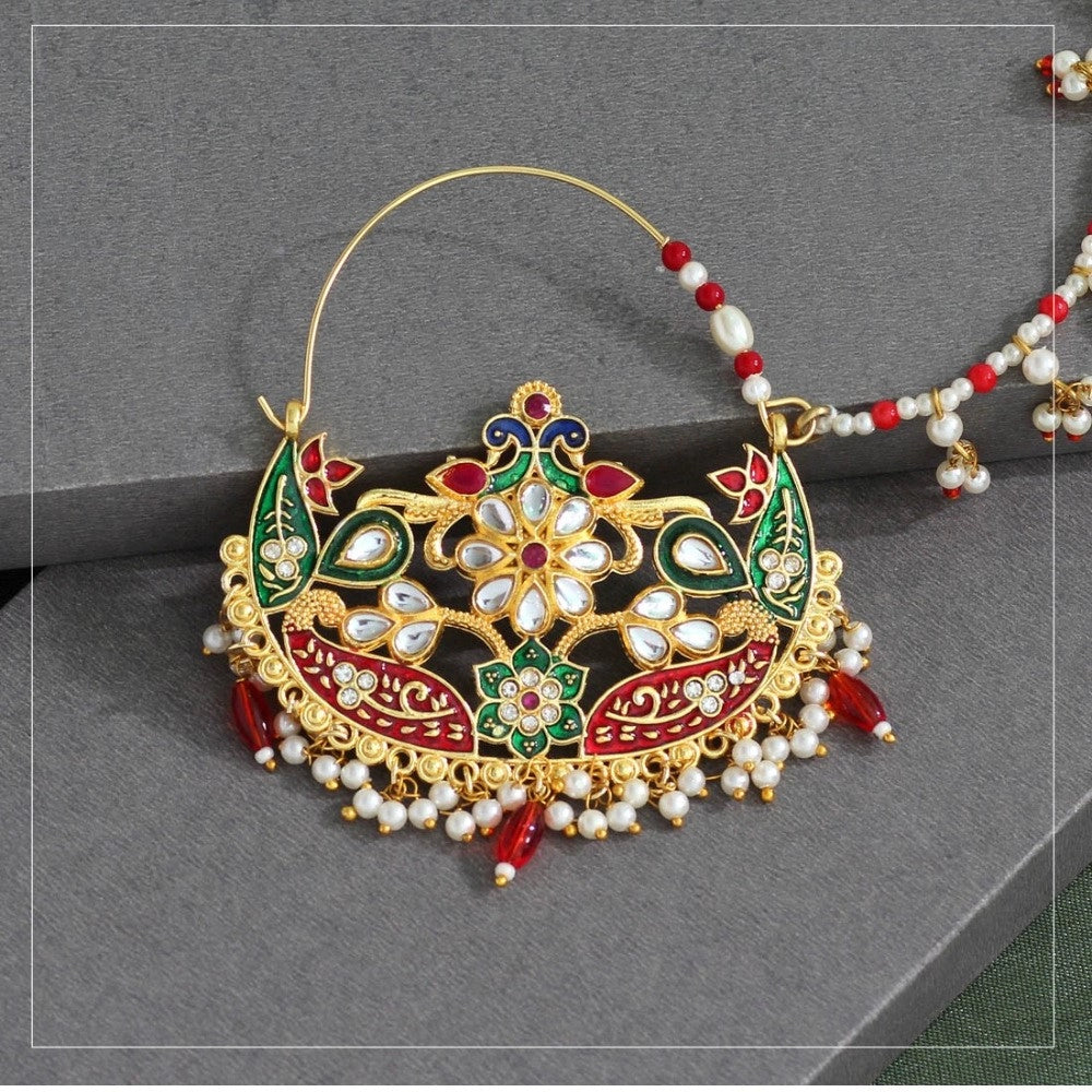 Women's Maroon & Green Color Kundan & Beads Nose Nath