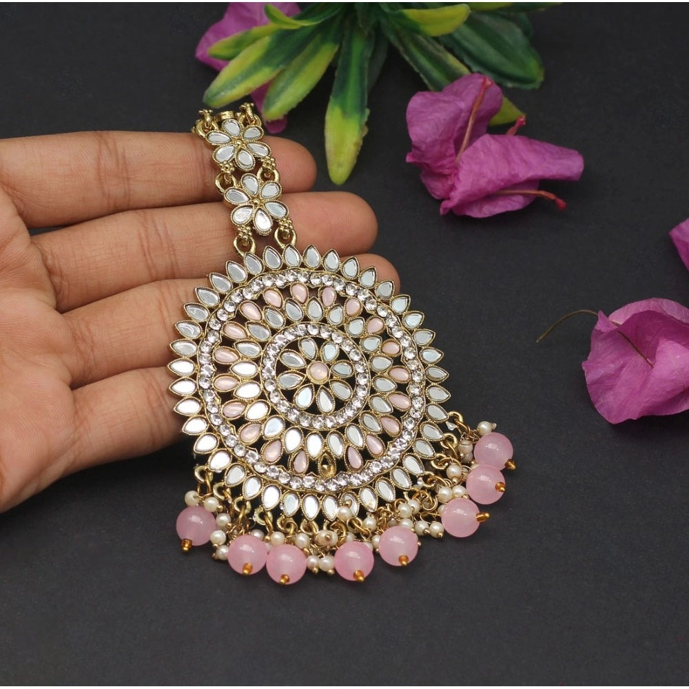 Women's Pink Color Mirror Work Maang Tikka