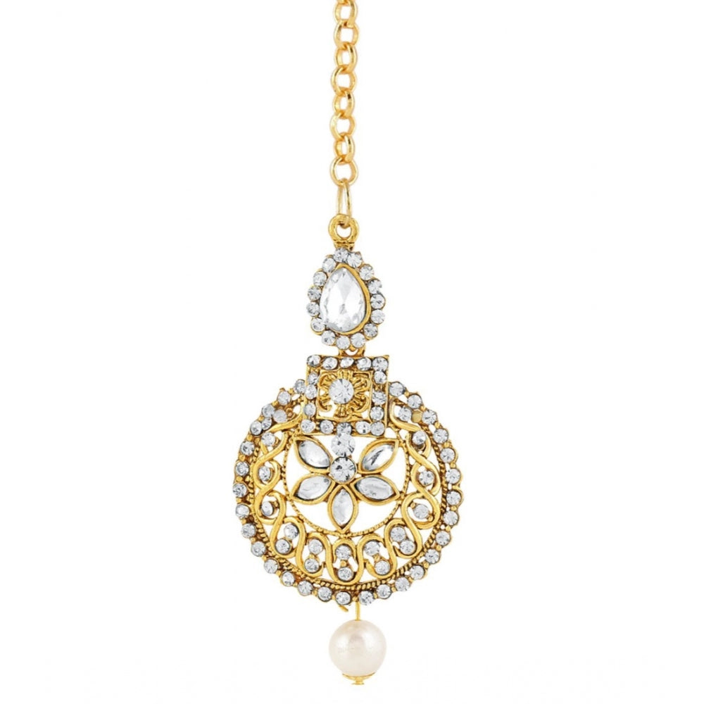 Women's Rose Gold Plated Alloy Kundan Earrings & Mangtikka (White)