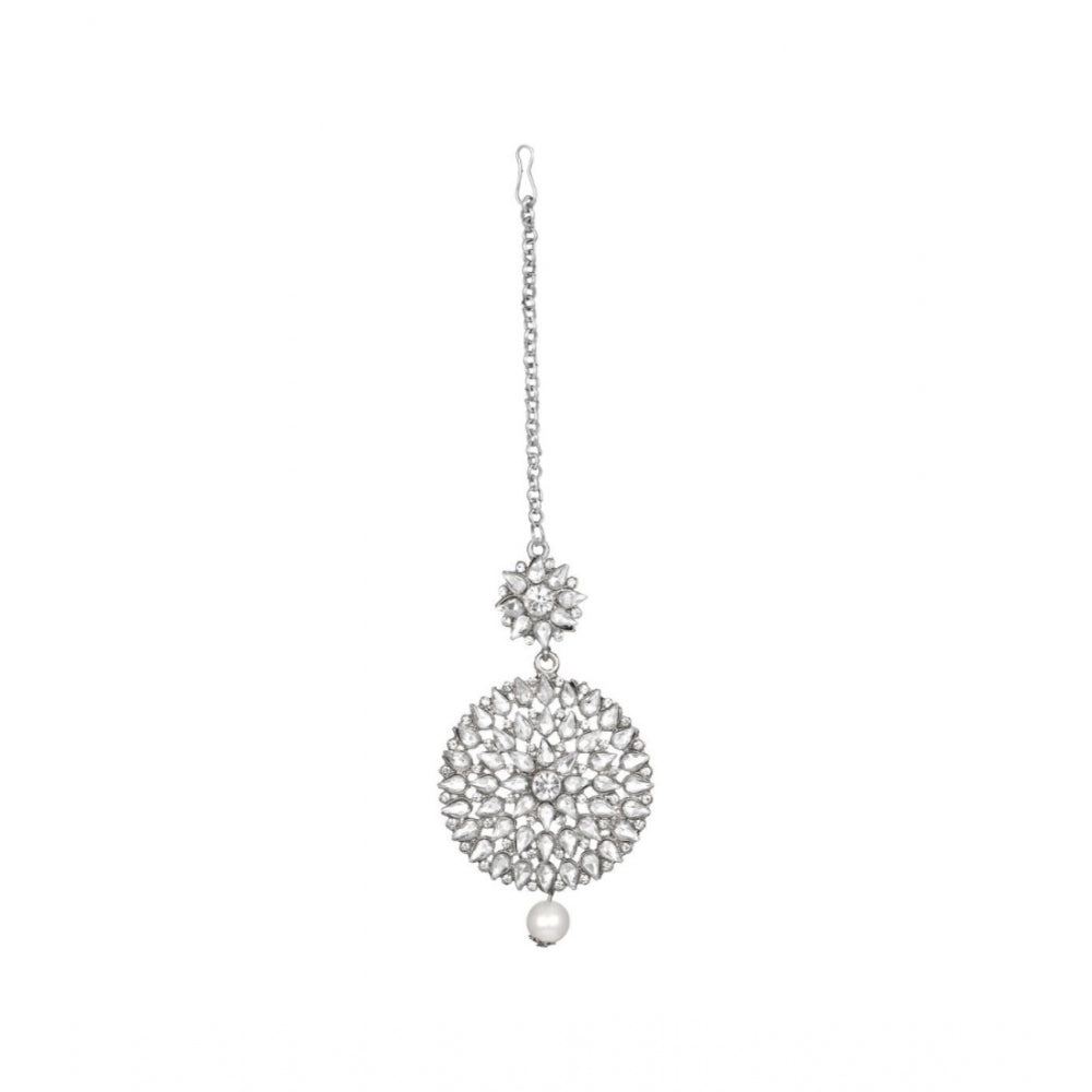 Women's Rose Gold Plated Alloy Kundan Earrings & Mangtikka (White)