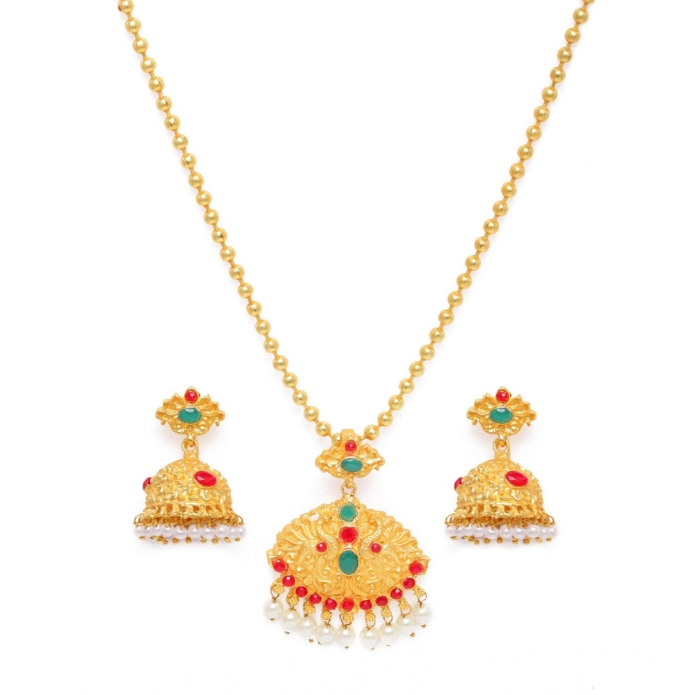 Women's Rose Gold Plated Alloy Jewellery Chain Pendant Sets (Gold & Red)