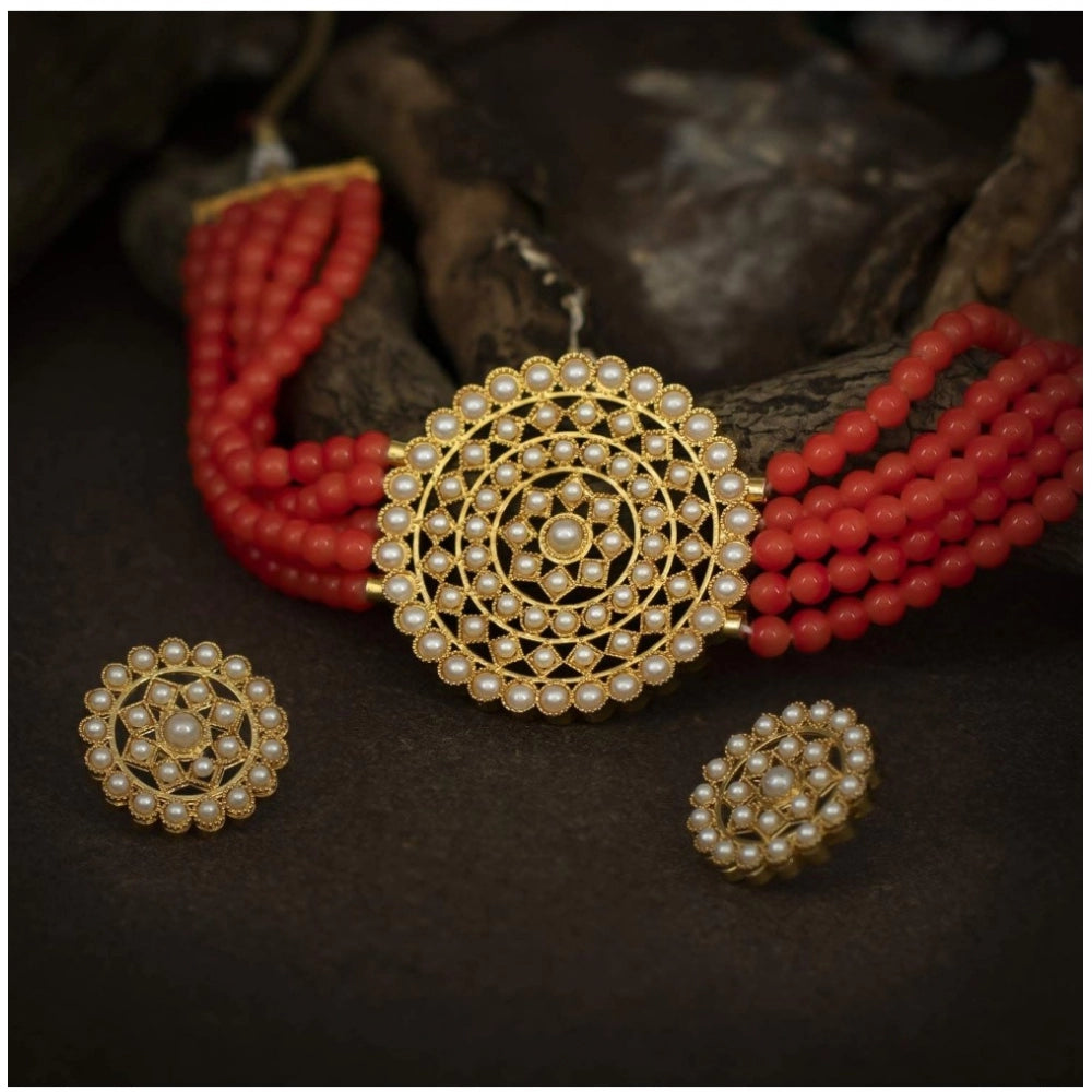 Women's Rose Gold Plated Alloy Necklace & Earings Set (Red)