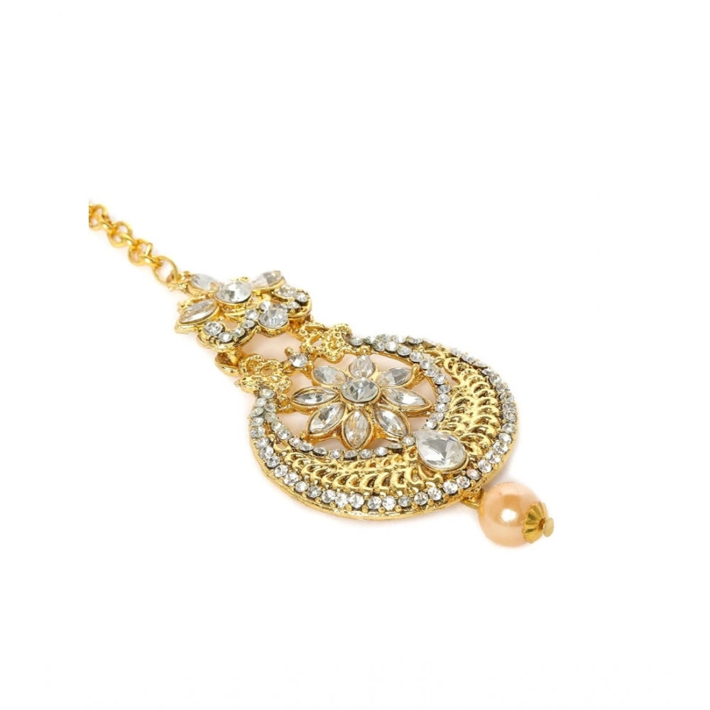 Women's Rose Gold Plated Alloy Kundan Earrings & Mangtikka (White)