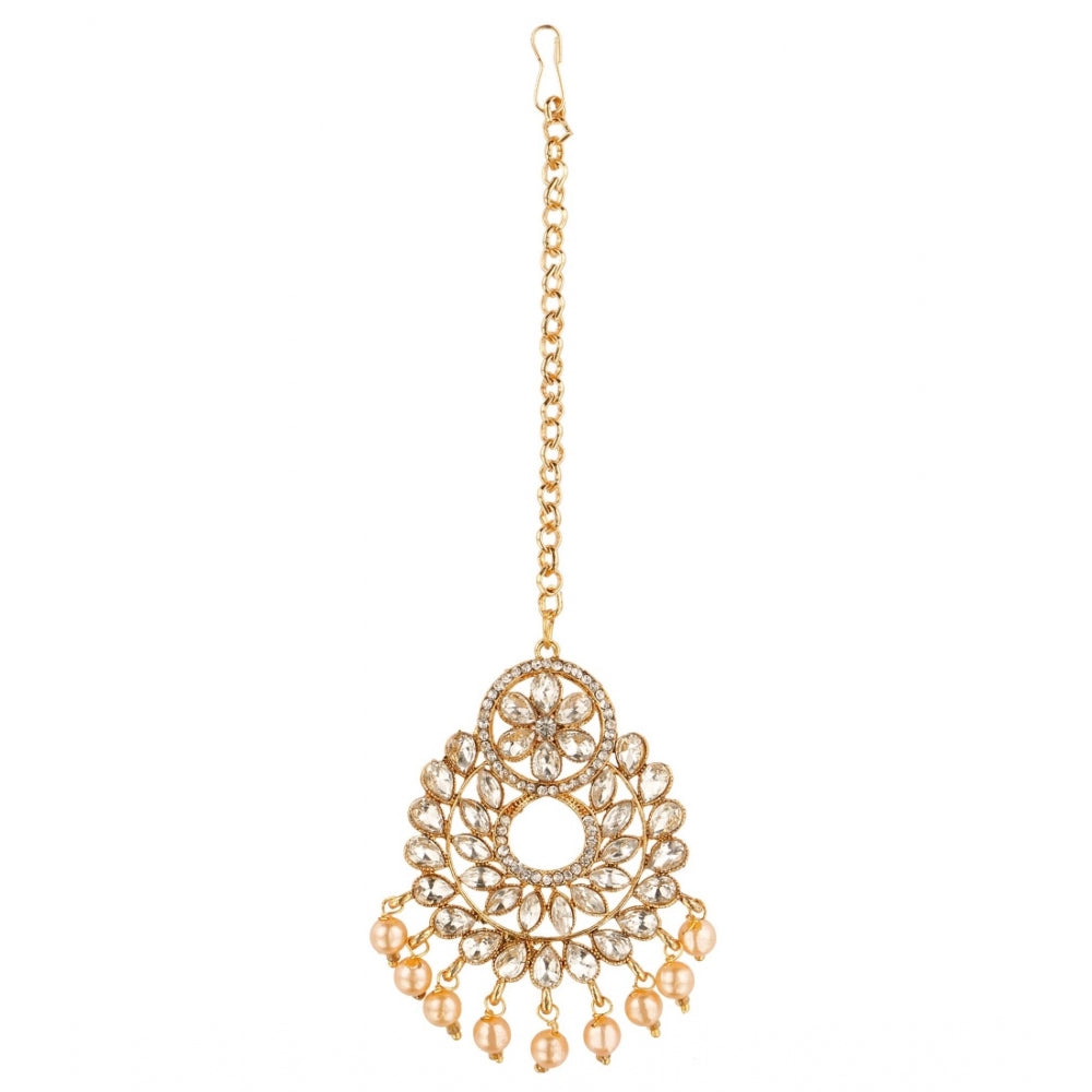 Women's Rose Gold Plated Alloy Kundan Earrings & Mangtikka (White)