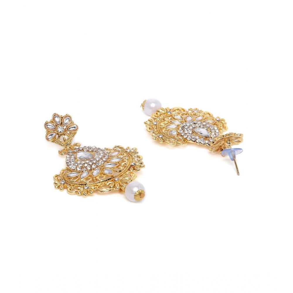 Women's Rose Gold Plated Alloy Kundan Earrings & Mangtikka (White)