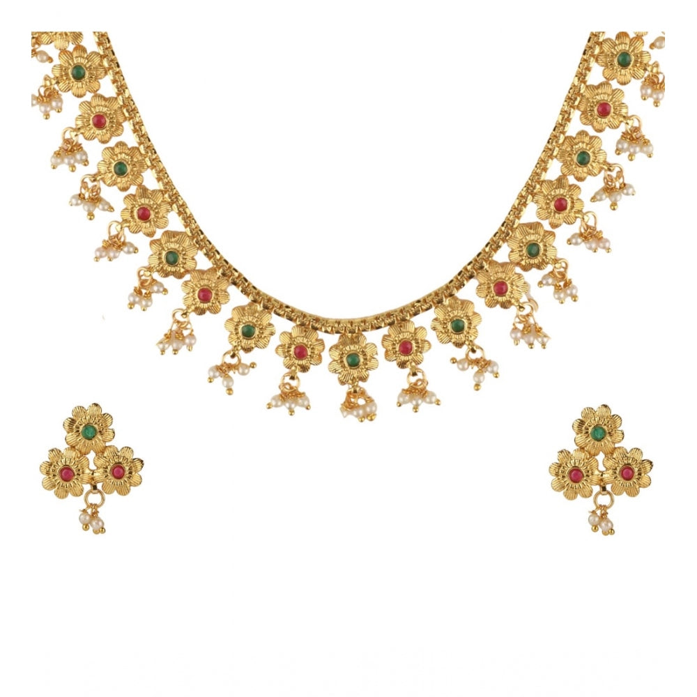 Women's Rose Gold Plated Alloy Necklace & Earings Set (Green & Red)