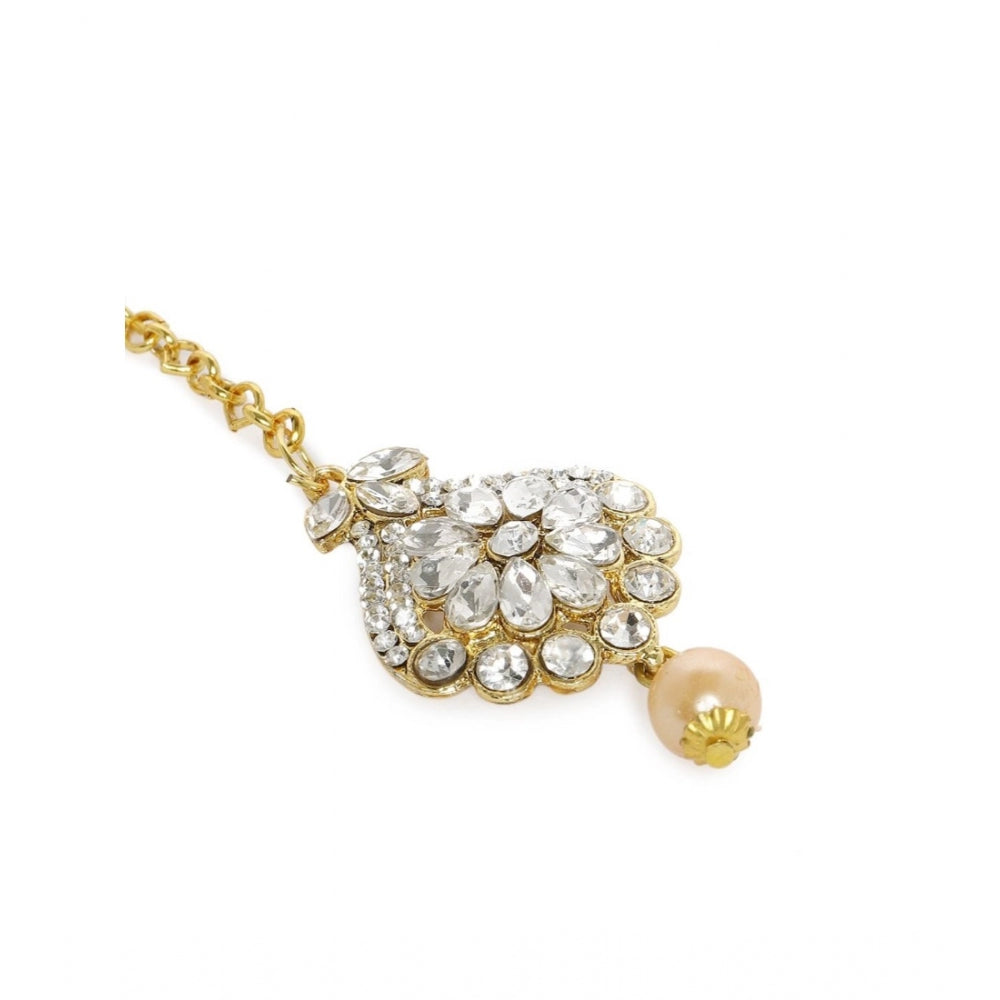 Women's Rose Gold Plated Alloy Kundan Earrings & Mangtikka (White)