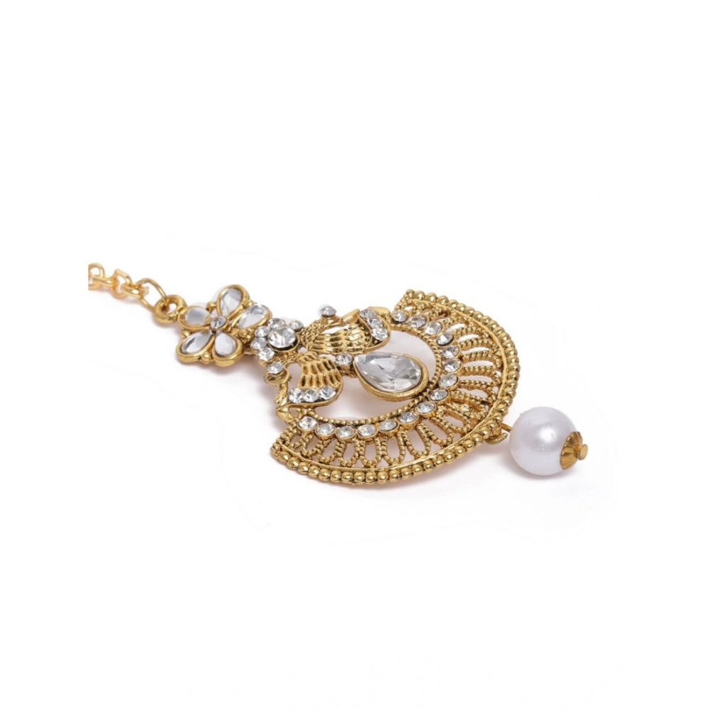 Women's Rose Gold Plated Alloy Kundan Earrings & Mangtikka (White)