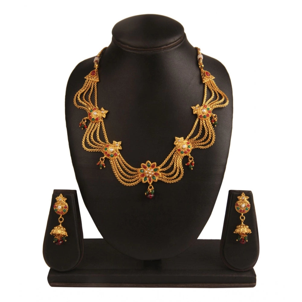 Women's Rose Gold Plated Alloy Necklace Set (Green & Red)