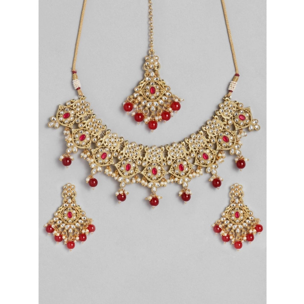 Women's Rose Gold Plated Alloy Necklace & Earings Set (Red)