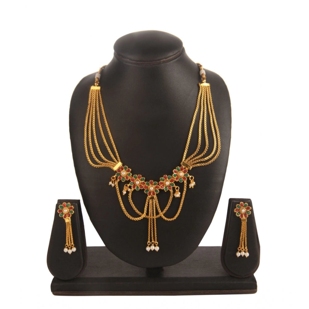 Women's Rose Gold Plated Alloy Necklace Set (Green & Red)