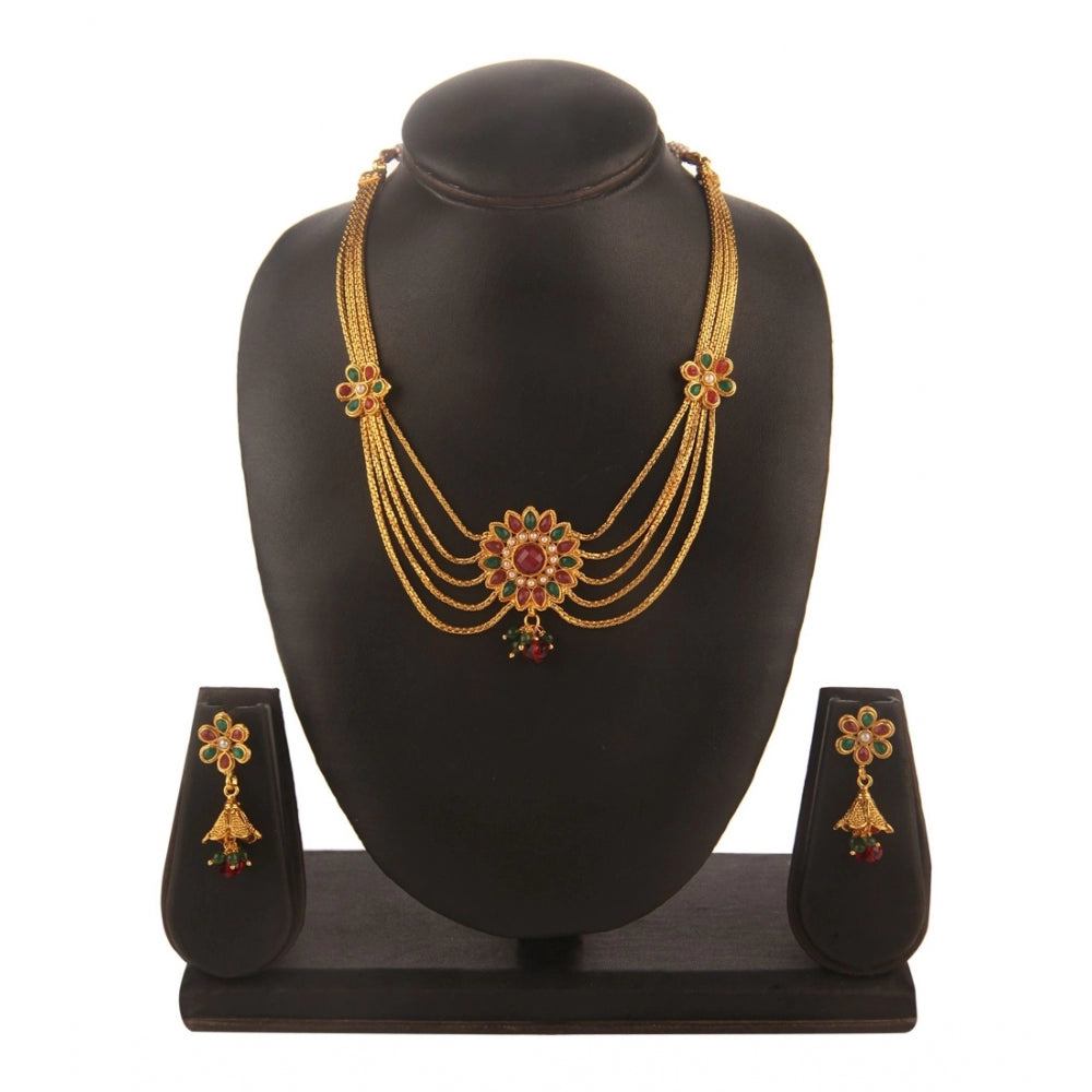 Women's Rose Gold Plated Alloy Necklace & Earings Set (Green & Red)