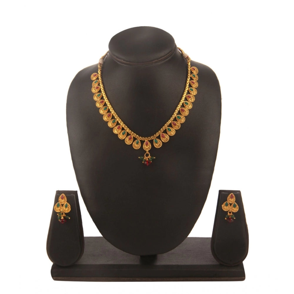 Women's Rose Gold Plated Alloy Necklace & Earings Set (Green & Red)