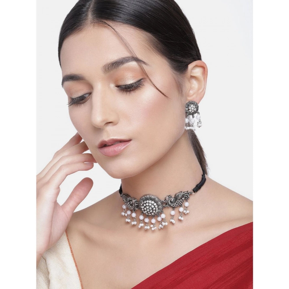 Women's Rose Gold Plated Alloy Necklace & Earings Set (Silver & White)
