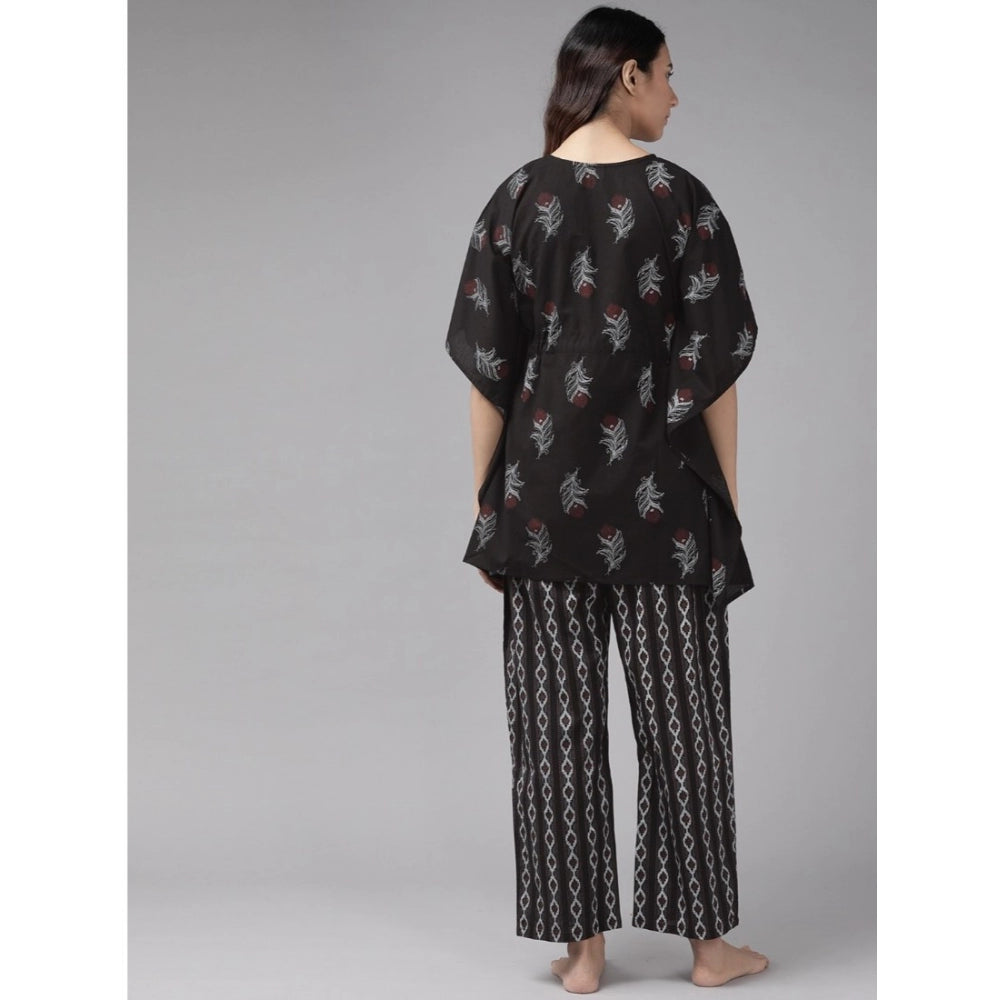 Women's Casual Kimono Sleeve Floral Printed Cotton Pyjama Set (Black)