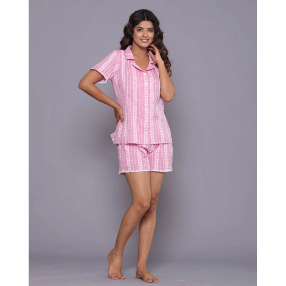 Women's Casual Cotton Short Sleeve Short Night Suit Set (Pink)