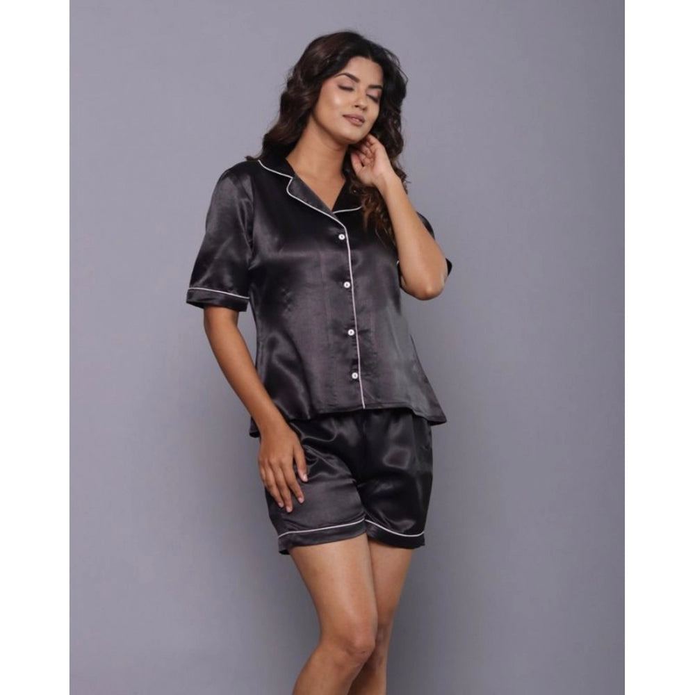 Women's Casual Satin Half Sleeve Night Suit Set (Black)
