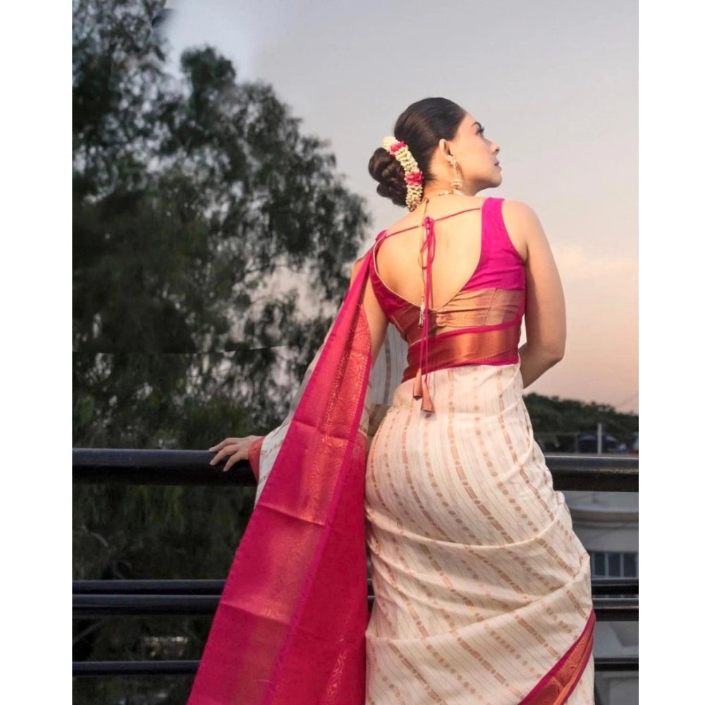 Women's Silk Printed Saree With Unstitched Blouse 5.5Mtr (White-Pink)