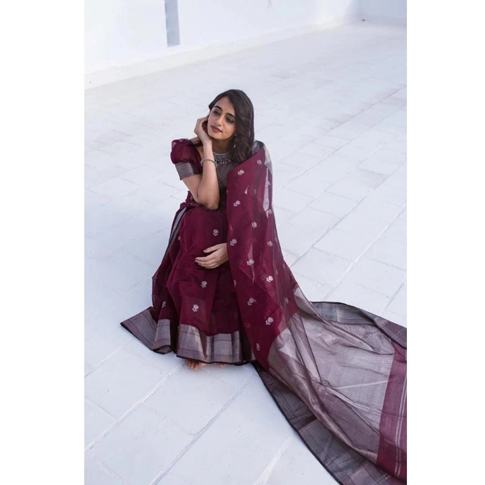 Women's Cotton Printed Saree With Unstitched Blouse 5.5Mtr (Maroon)