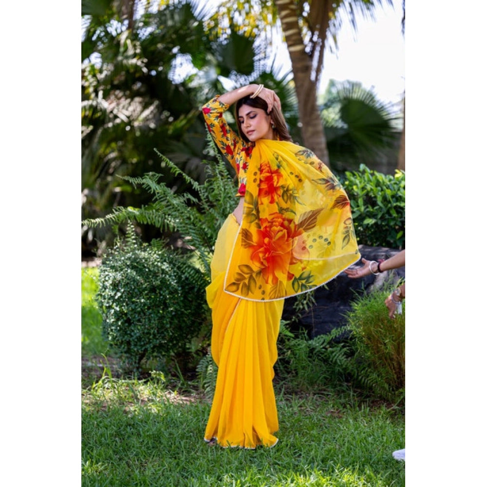Women's Georgette Printed Saree With Unstitched Blouse 5.5Mtr (Yellow)