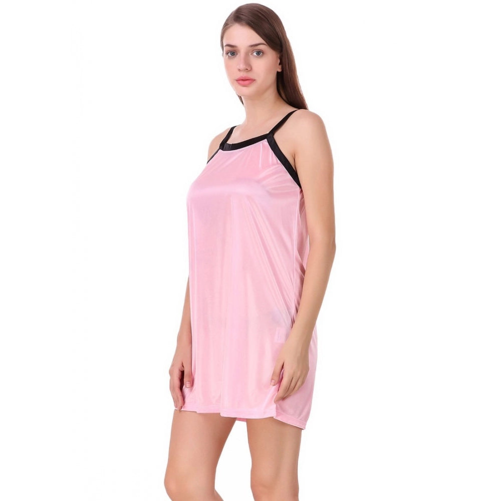 Women's Satin Short Nighty with Half Sleeve(Color: Baby Pink and Black, Neck Type: V Neck)
