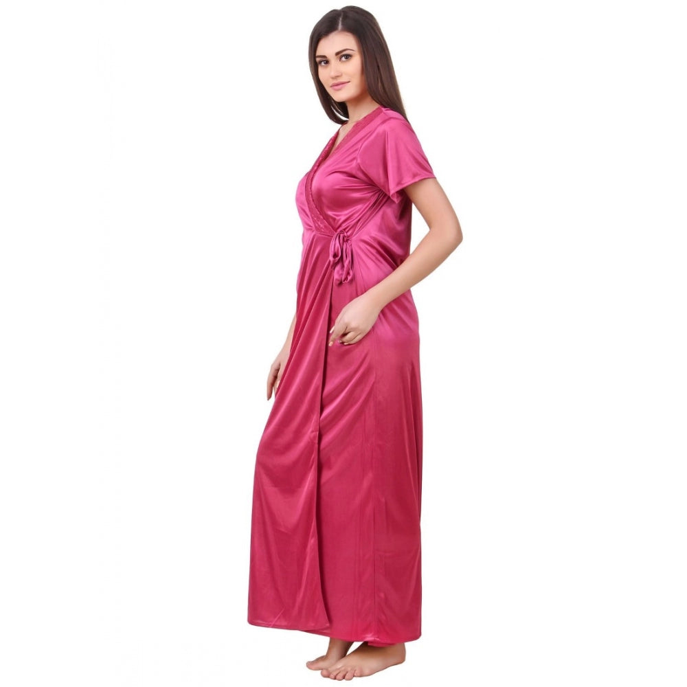 Women's Satin 2 PCs Set of Nighty And Wrap Gown with Half Sleeve(Color: Coral Pink, Neck Type: V Neck)