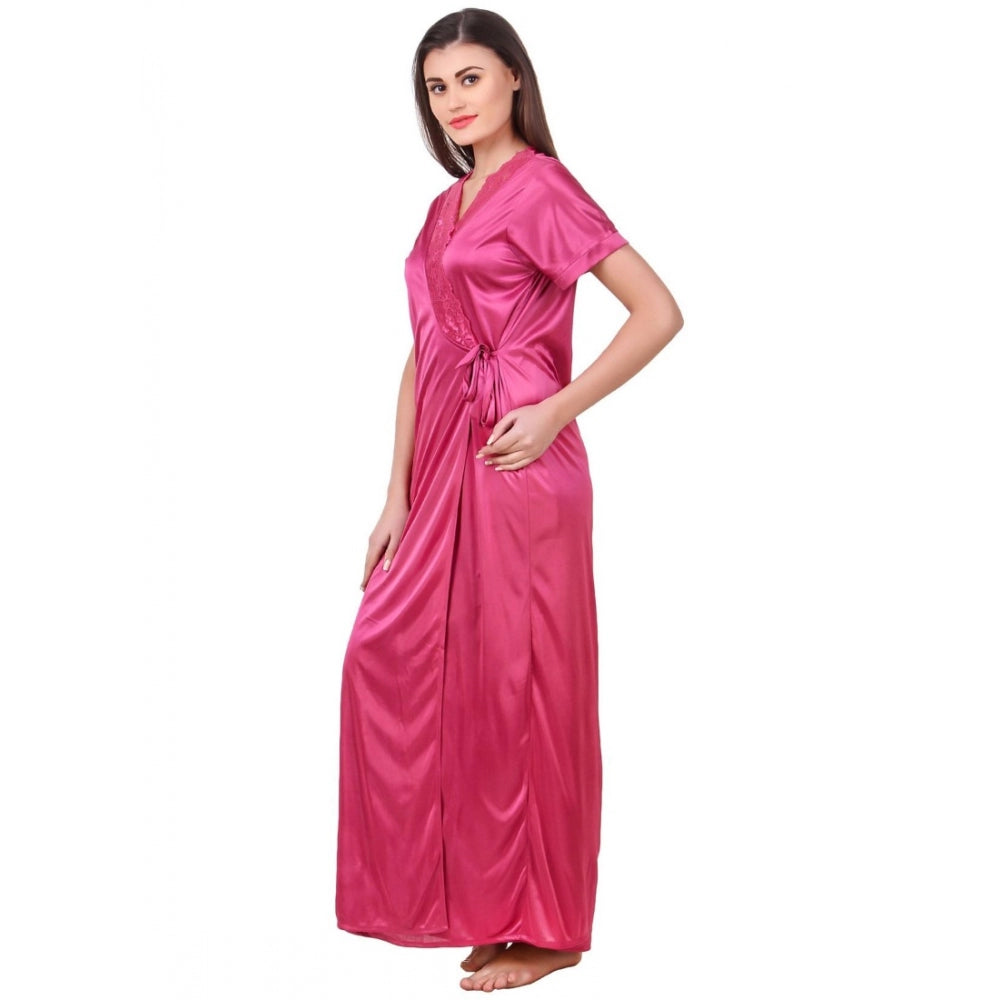 Women's Satin 2 PCs Set of Nighty And Wrap Gown with Half Sleeve(Color: Coral Pink, Neck Type: Sweatheart Neck)