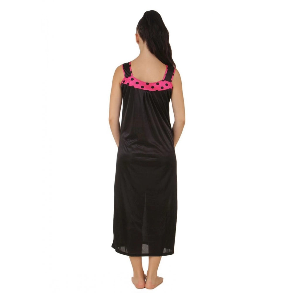 Women's Satin Long Nighty with Sleeve Less(Color: Coral Pink and Black, Neck Type: U Neck)