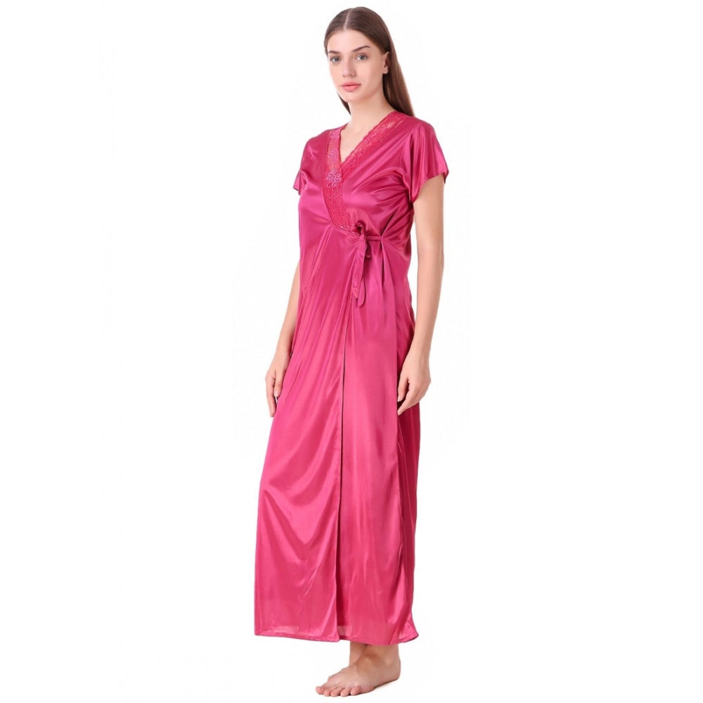 Women's Satin 2 PCs Set of Nighty And Wrap Gown with Half Sleeve(Color: Coral Pink, Neck Type: V Neck)
